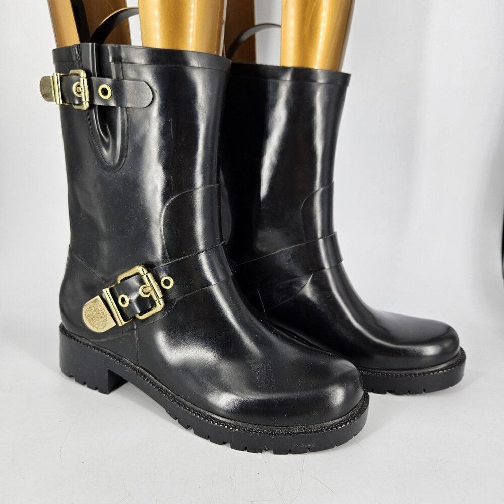 Vince Camuto Boots Womens Size 7 Black VC Hinch Rubber Rain Moto Gold Buckle